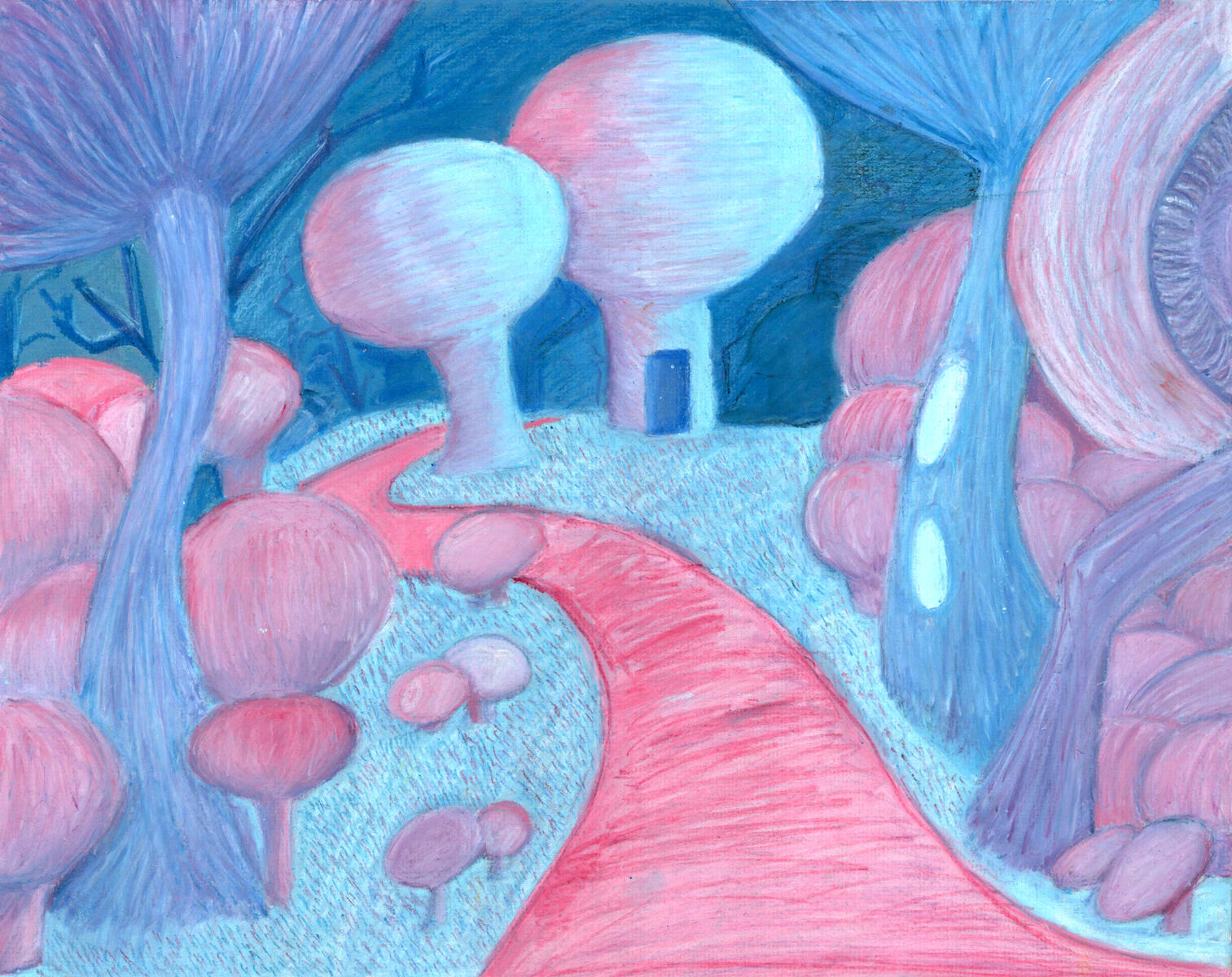 "Pastel Mushroom Forest" (2023), oil pastel on paper